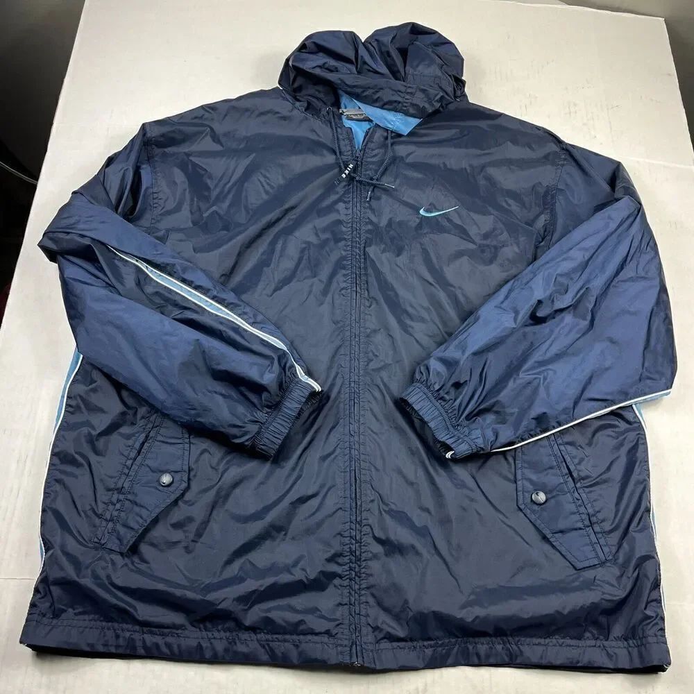 Nike Mens Zip Up Track Jacket Blue Hooded Training Retro Windbreaker Size LARGE